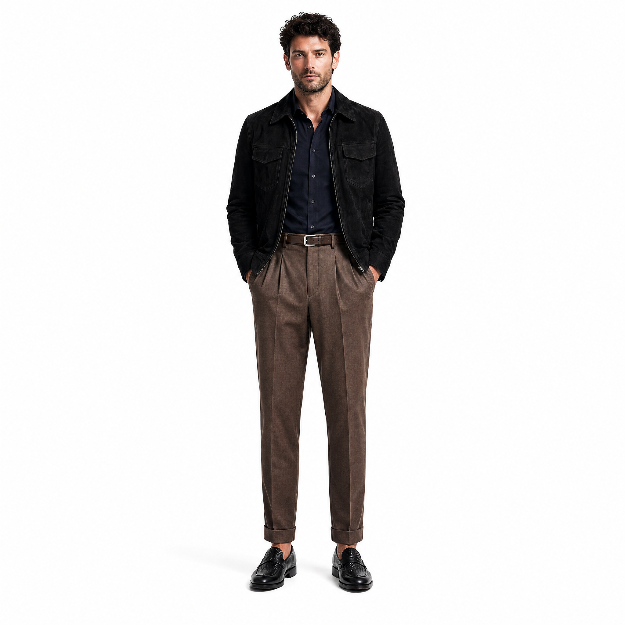 AI-generated Grand Frank menswear shot — black suede jacket and brown trousers