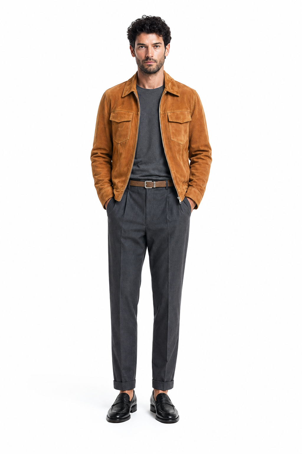 Look master — model in cognac suede jacket and grey trousers, full body